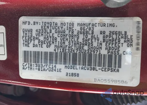 2003 Toyota Camry Se z USA, uszkodzony, nr VIN 4T1BE32K73U232971